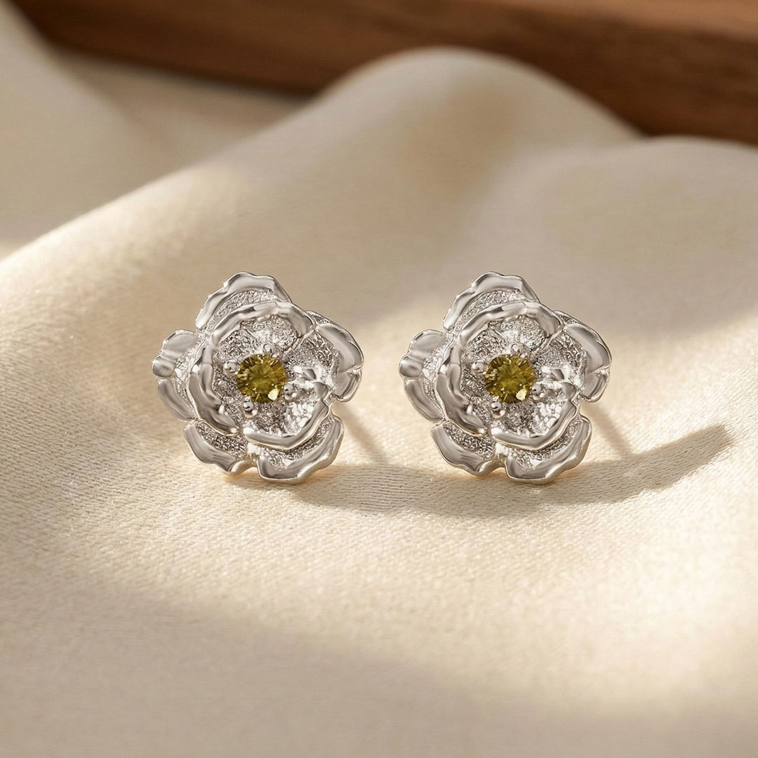Peridot August Birthstone Poppy Birthflower Sterling Silver Stud Earrings
