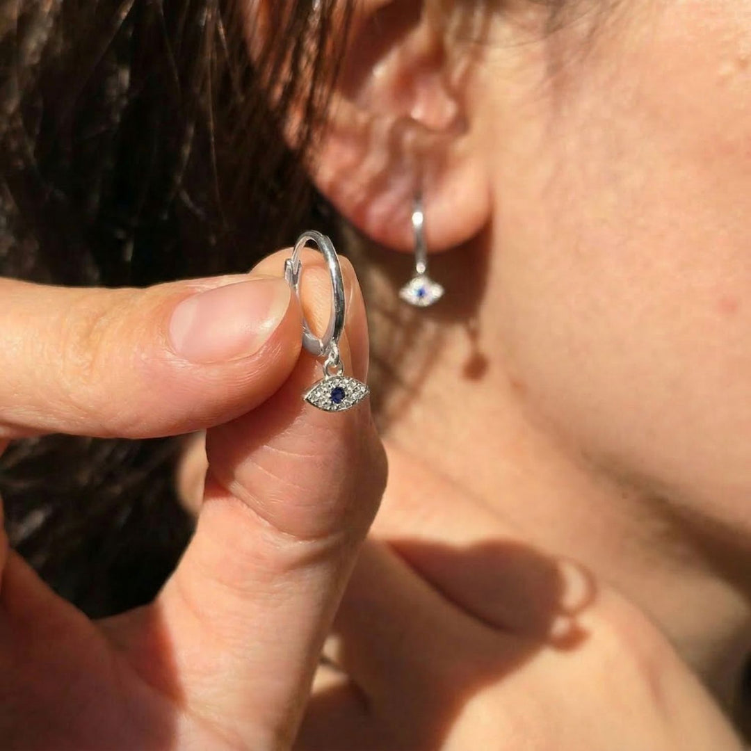Minimalist Small Evil Eye Charm Dainty Hoop Sterling Silver Earrings