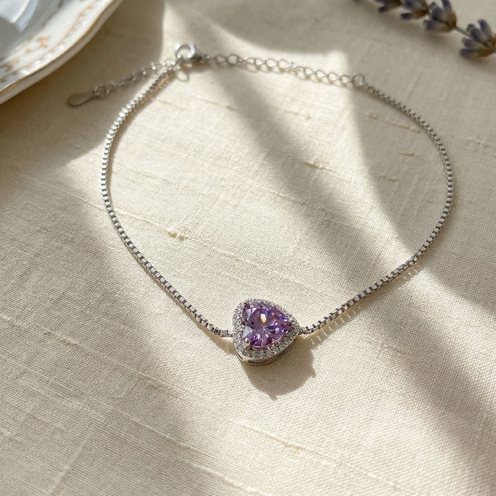 Amethyst February Birthstone Love Heart Charm Sterling Silver Bracelet