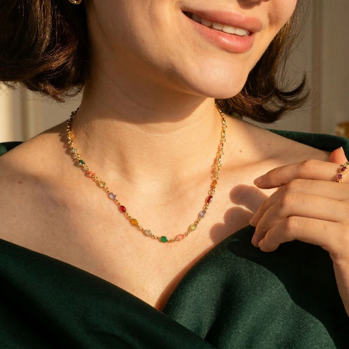 Colourful Multi Gemstone Rainbow Luxury Gold Plated Necklace