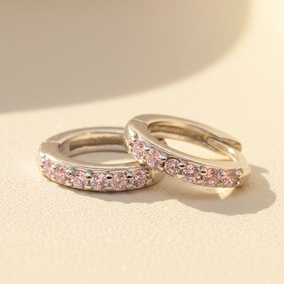 Pink Tourmaline October Birthstone Small Silver Huggies