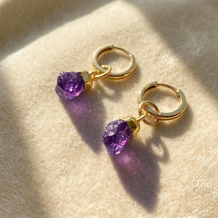 Raw Amethyst February Birthstone Gold Plated Huggies