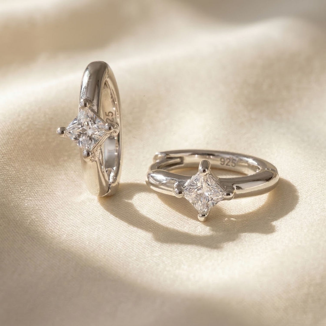 Small Diamond Huggie Minimalist Silver Hoop Earrings