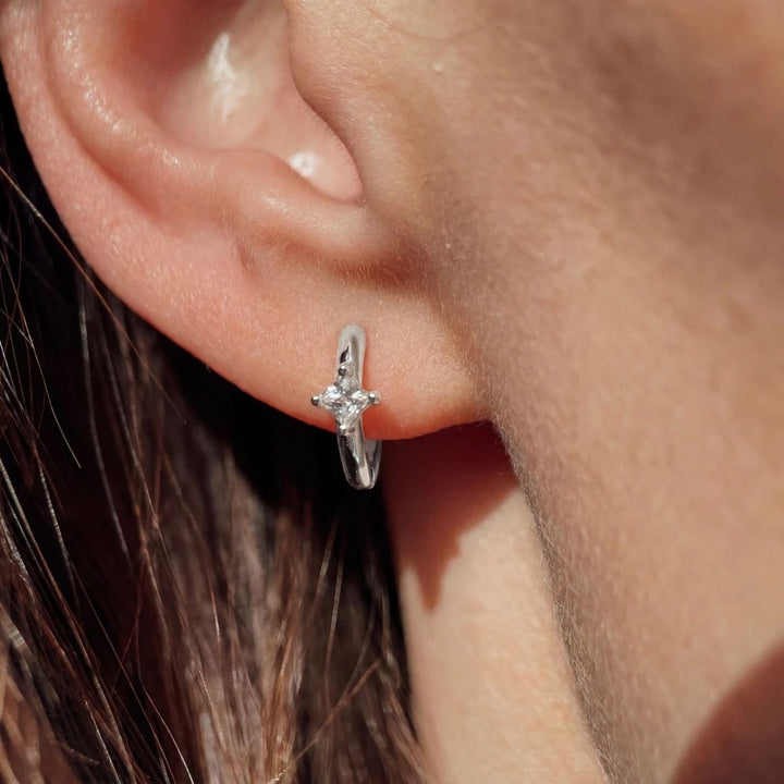 Small Diamond Huggie Minimalist Silver Hoop Earrings