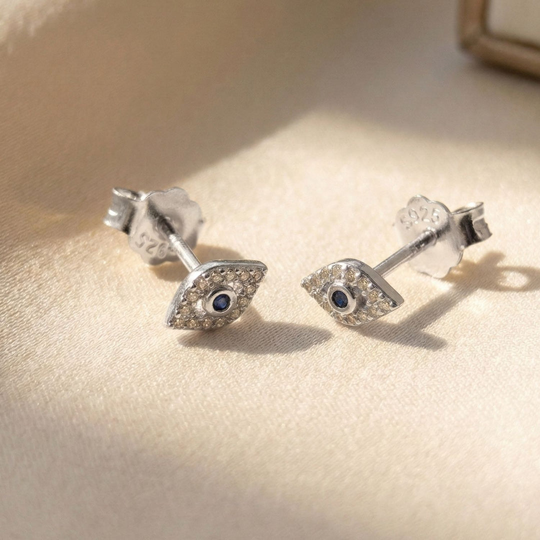 Dainty Evil Eye Silver Minimalist Stud Earrings
