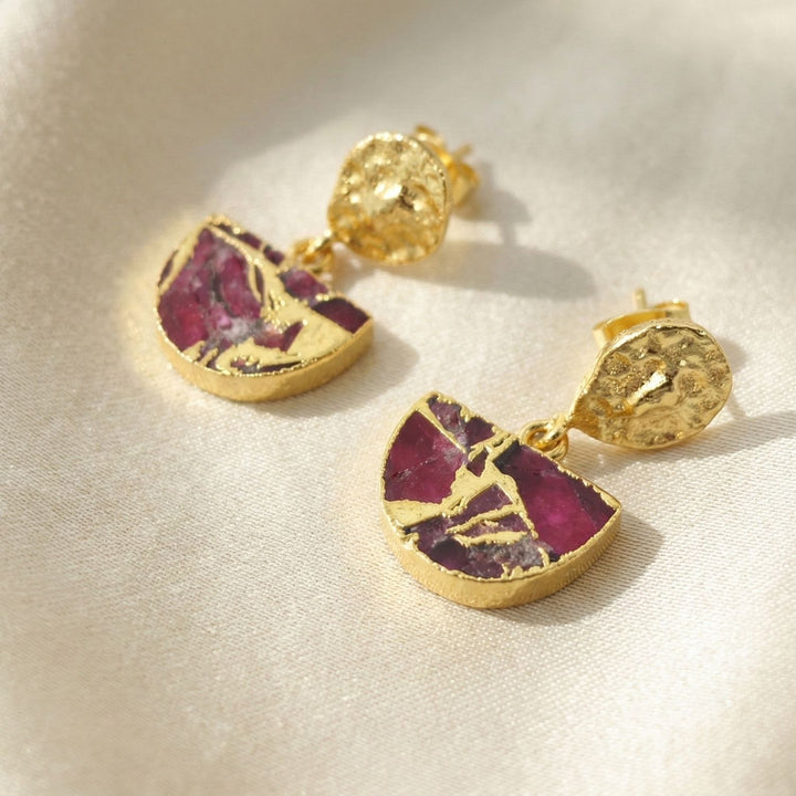 Hammered Ruby July Birthstone Gold Plated Earrings