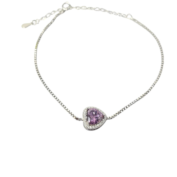 Amethyst February Birthstone Love Heart Charm Sterling Silver Bracelet