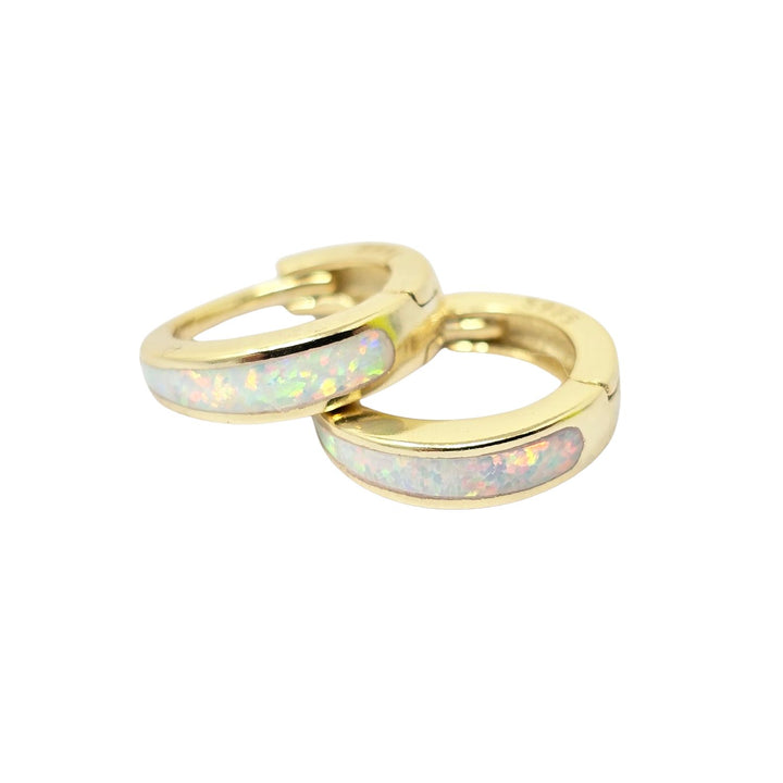 White Opal Tapered Gold Plated Huggie Hoop Earrings