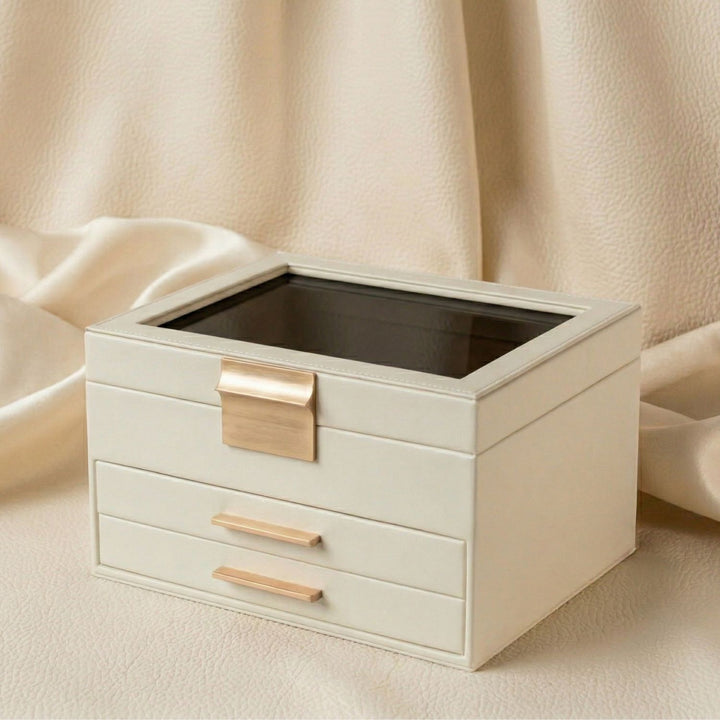 Luxury White 3-Tier PU Leather Jewellery Organizer Box – Multi-Functional Jewellery Storage Solution