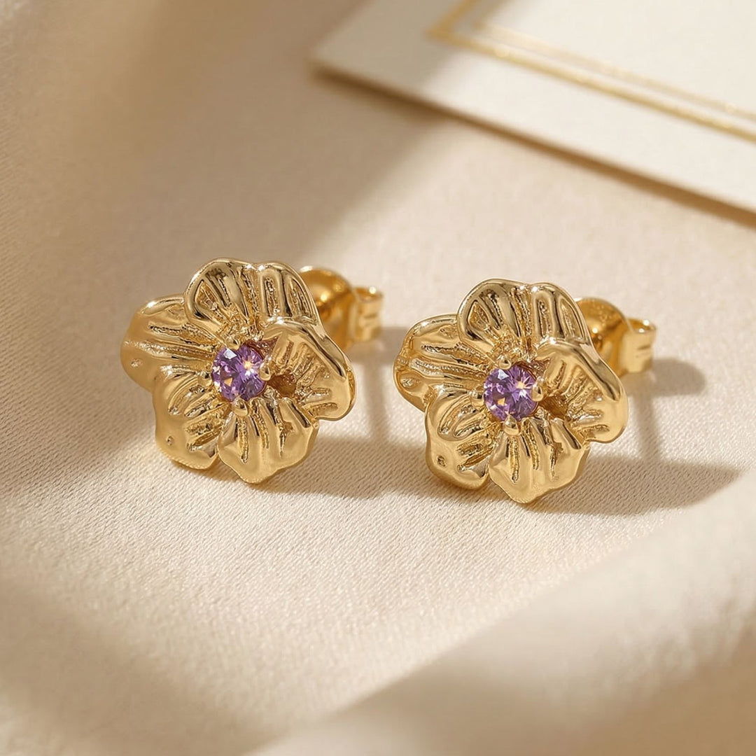 Amethyst February Birthstone Violet Birthflower Gold Plated Stud Earrings