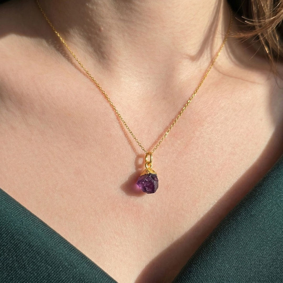 Raw Amethyst Gold Plated February Birthstone Crystal Necklace