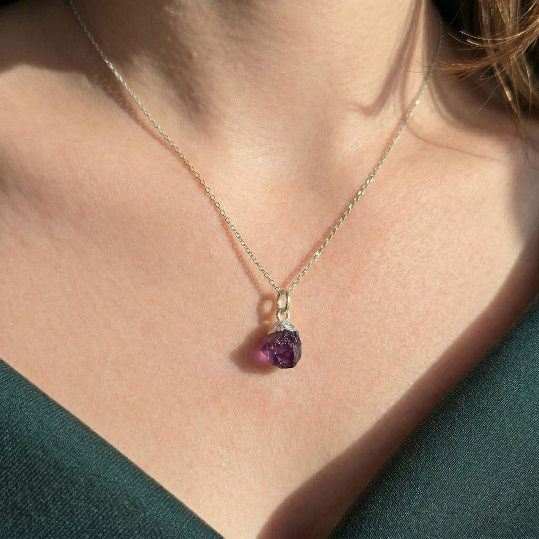 Sterling Silver Raw Amethyst February Birthstone Crystal Necklace