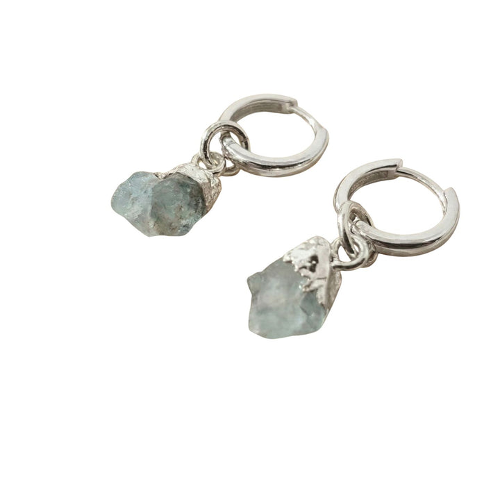 Raw Aquamarine March Birthstone Sterling Silver Huggies
