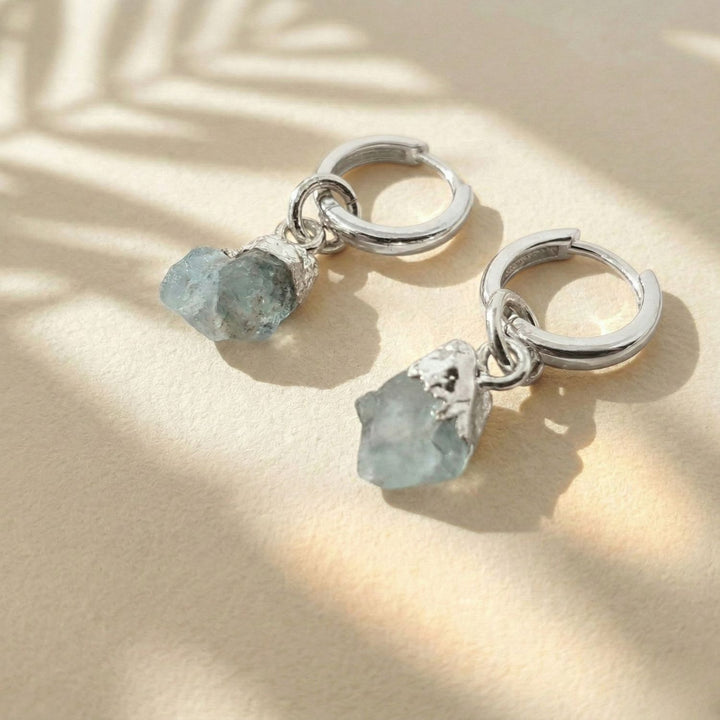 Raw Aquamarine March Birthstone Sterling Silver Huggies