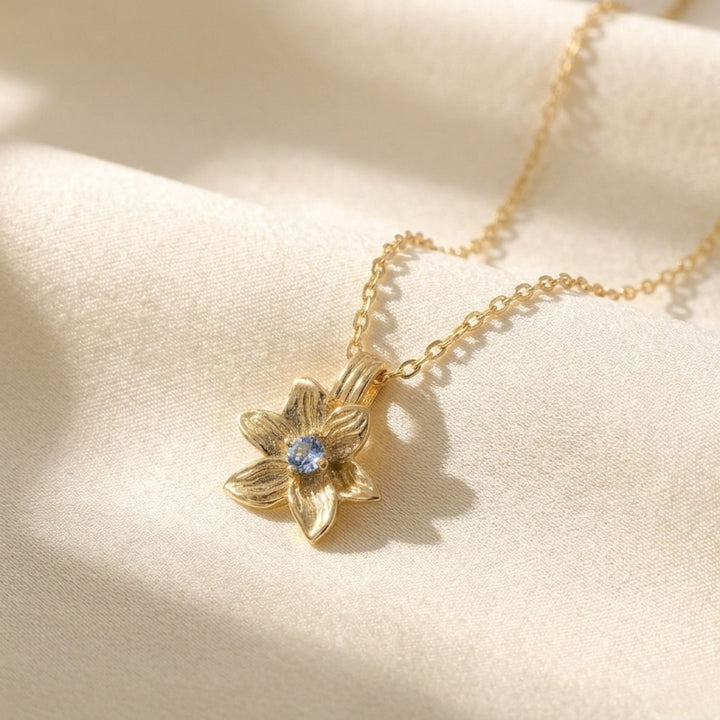 Aquamarine March Birthstone Daffodil Birthflower Gold Plated Charm Necklace