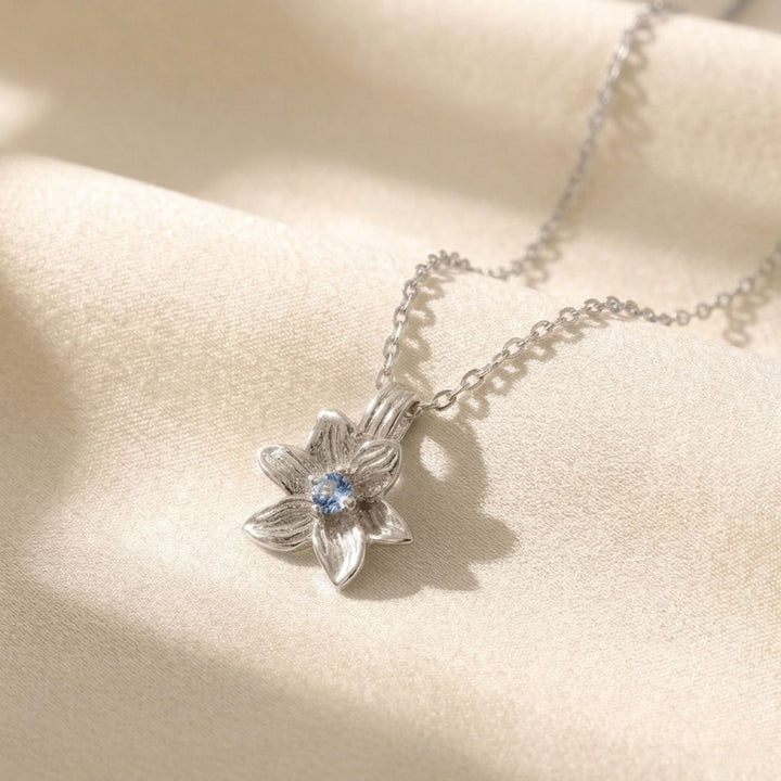 Aquamarine March Birthstone Daffodil Birthflower Sterling Silver Charm Necklace