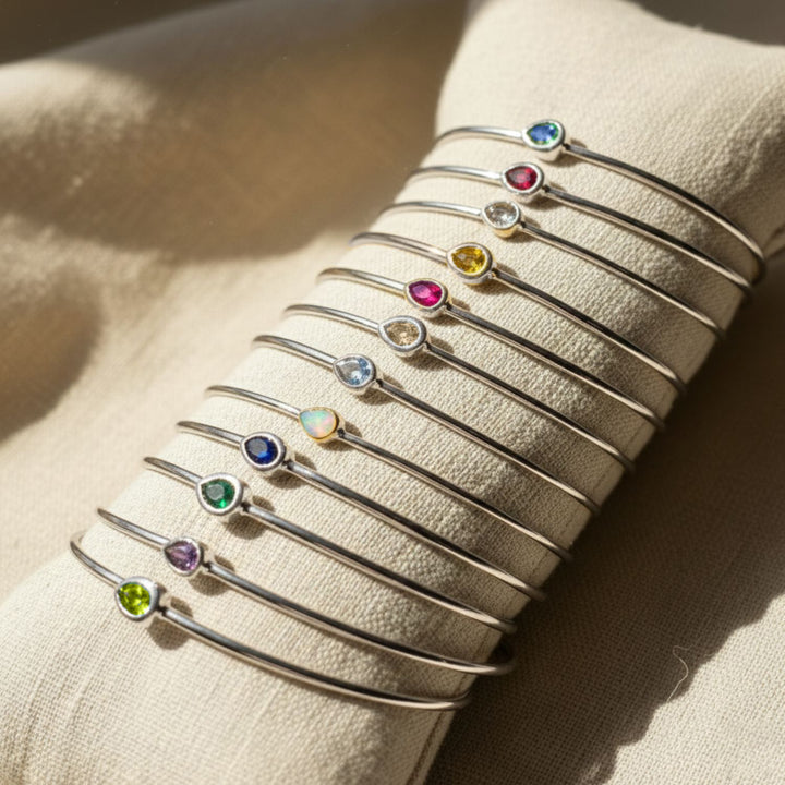 Minimalist Sterling Silver Emerald May Birthstone Bangle Bracelet