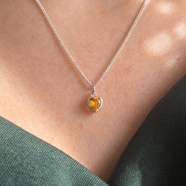 Mini Heart Silver Citrine November Birthstone Necklace