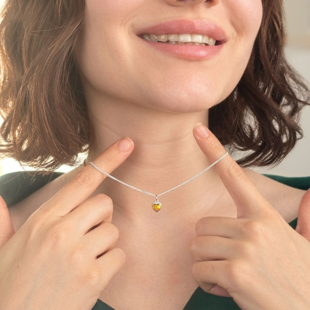 Mini Heart Silver Citrine November Birthstone Necklace
