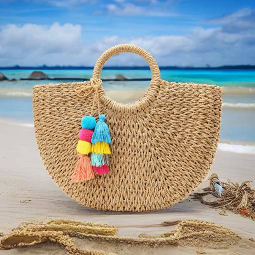 Stylish Summer Handbag for Women, Straw Tote with Pom Pom Accents, Casual Vacation Handbag, Straw Beach Bag