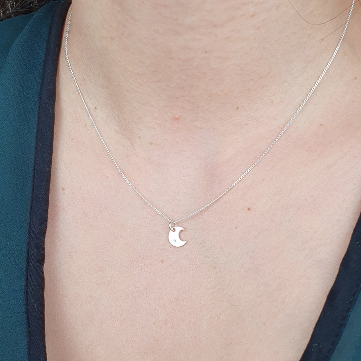 Crescent Moon Charm Wtih Star Sterling Silver Necklace