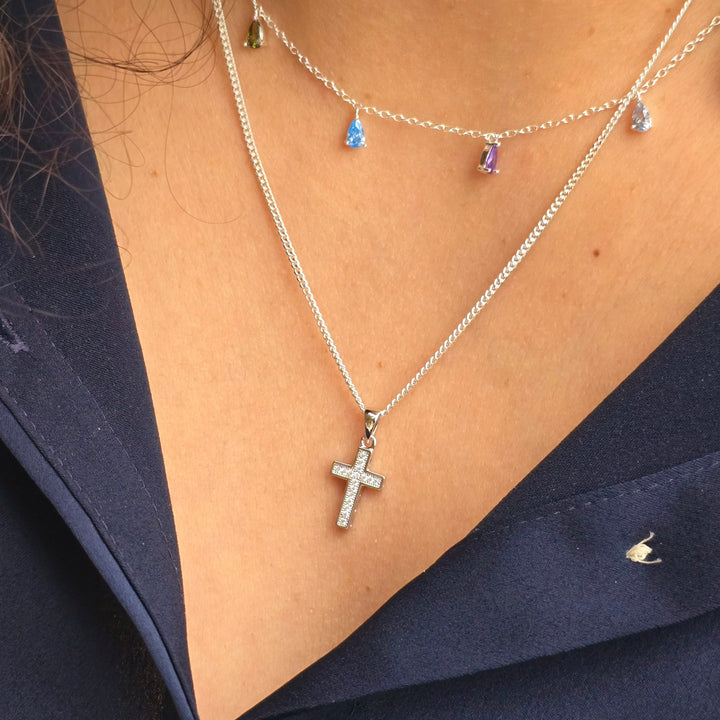 Cubic Zirconia Meaningful Silver Cross Pendant Necklace