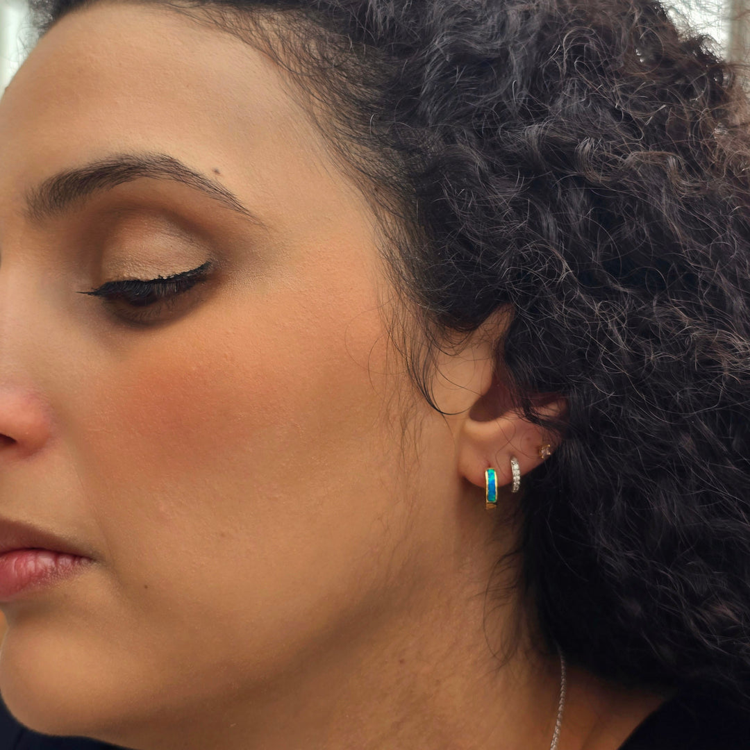 Dainty Blue Fire Opal Inlay Gold Plated Huggie Earrings