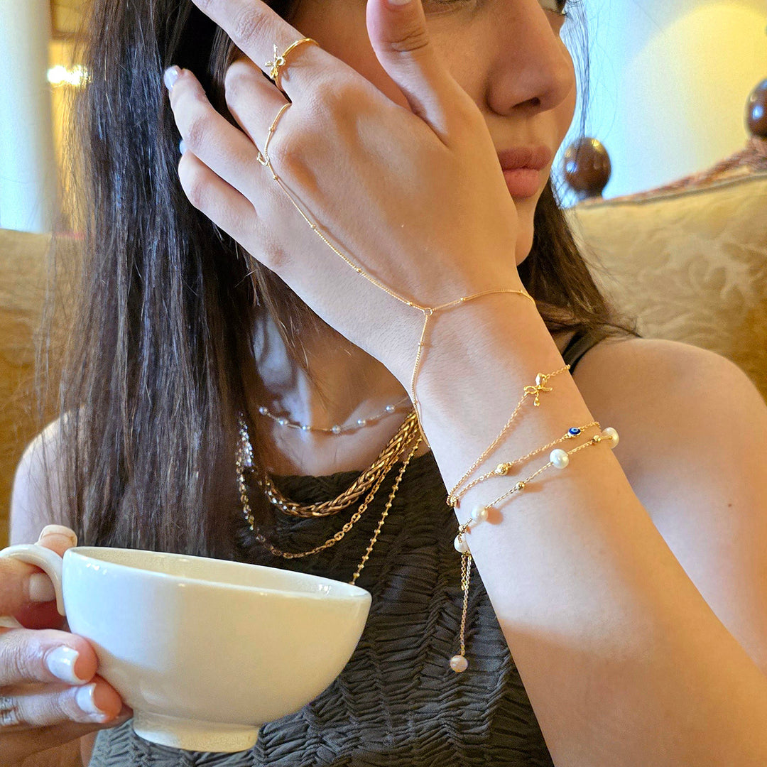 Dainty Beaded Link Chain Gold Plated Bracelet And Ring