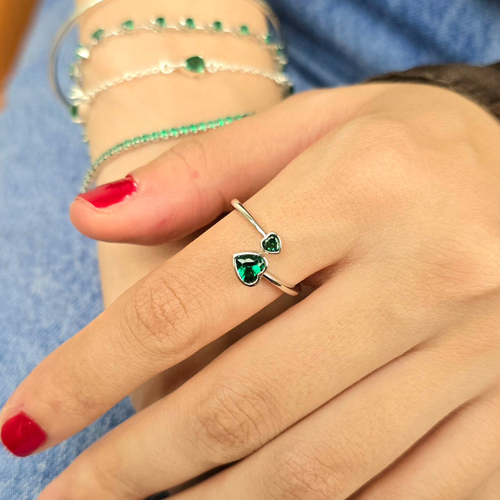 Duo Emerald Heart May Birthstone Adjustable Silver Ring