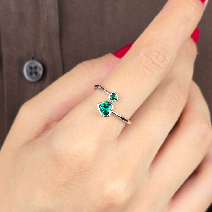 Duo Emerald Heart May Birthstone Adjustable Silver Ring