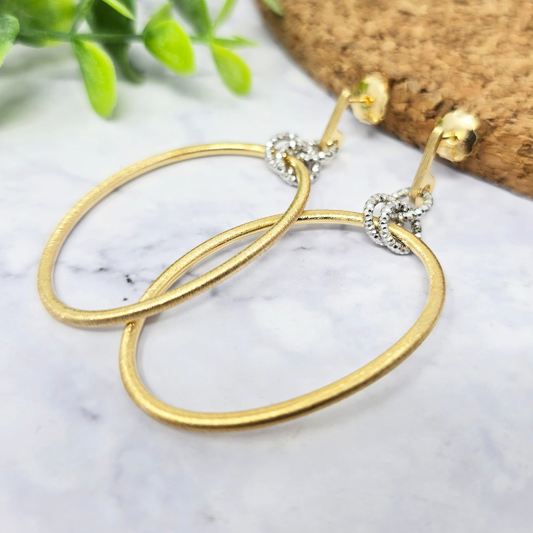 Elegant Two-Tone Diamond Cut Circle Drop Earrings with Gold-Plated Satin Finish