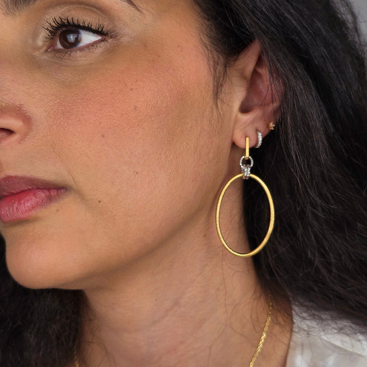 Elegant Two-Tone Diamond Cut Circle Drop Earrings with Gold-Plated Satin Finish