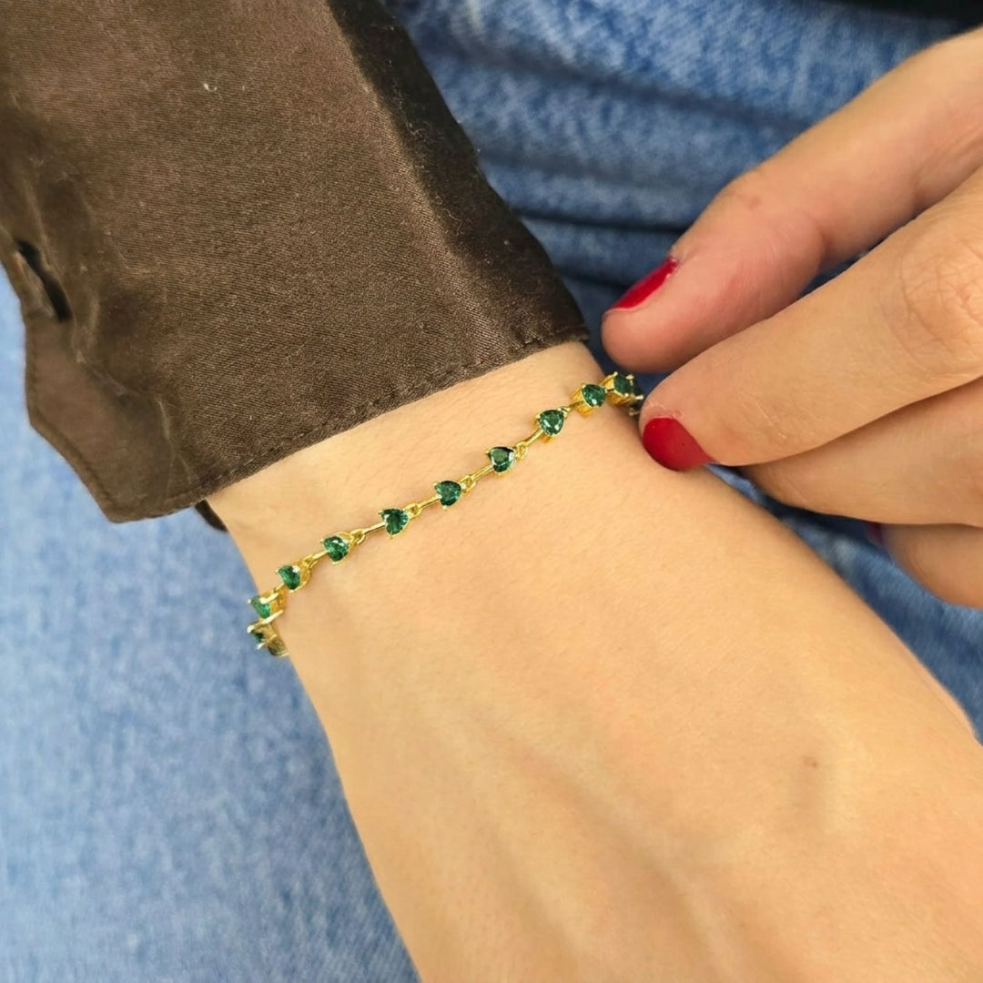Emerald May Birthstone Heart Tennis Gold Plated Bracelet