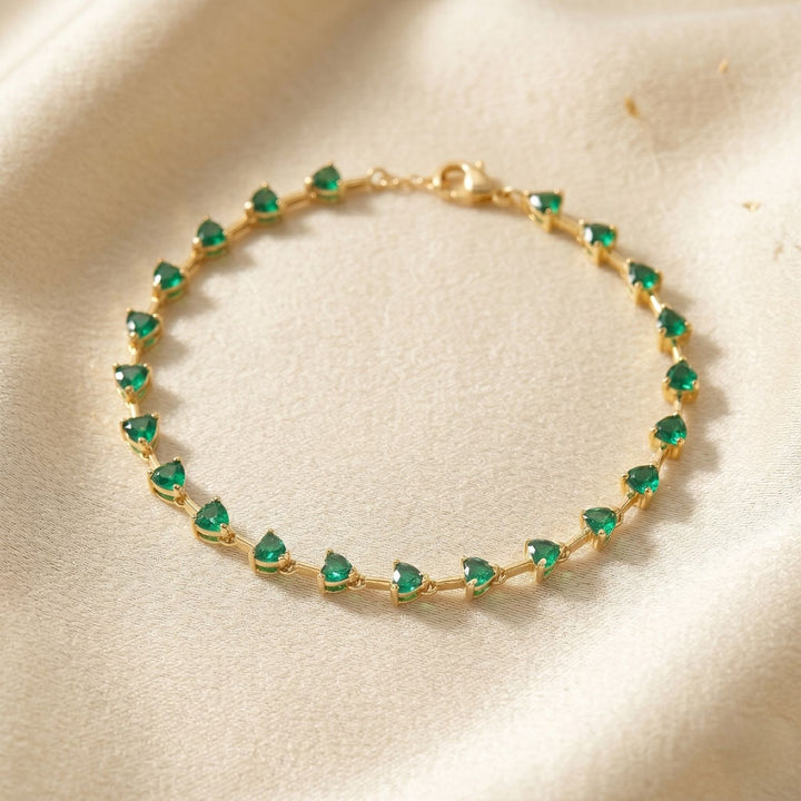 Emerald May Birthstone Heart Tennis Gold Plated Bracelet