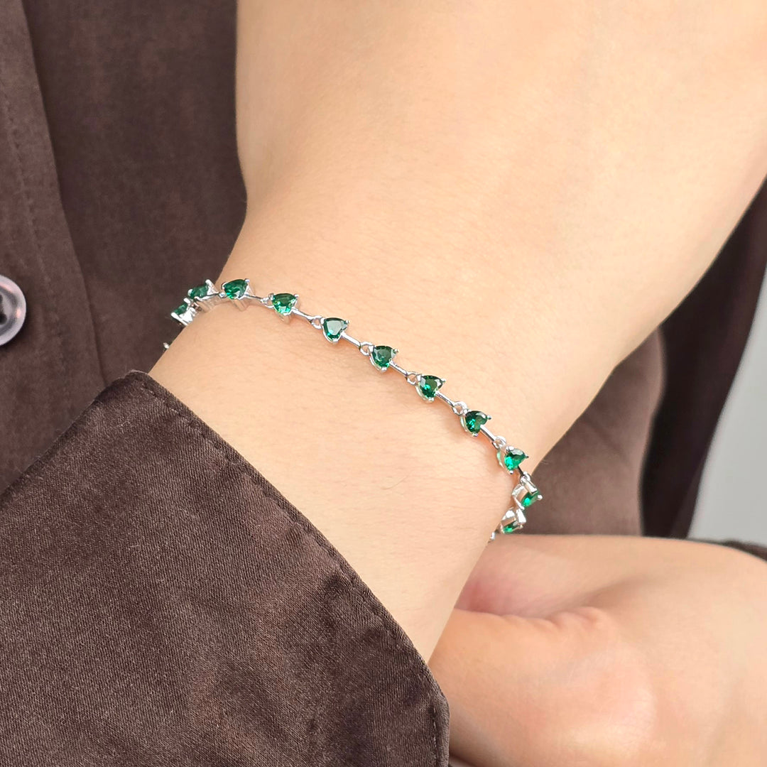 Emerald May Birthstone Heart Tennis Silver Bracelet