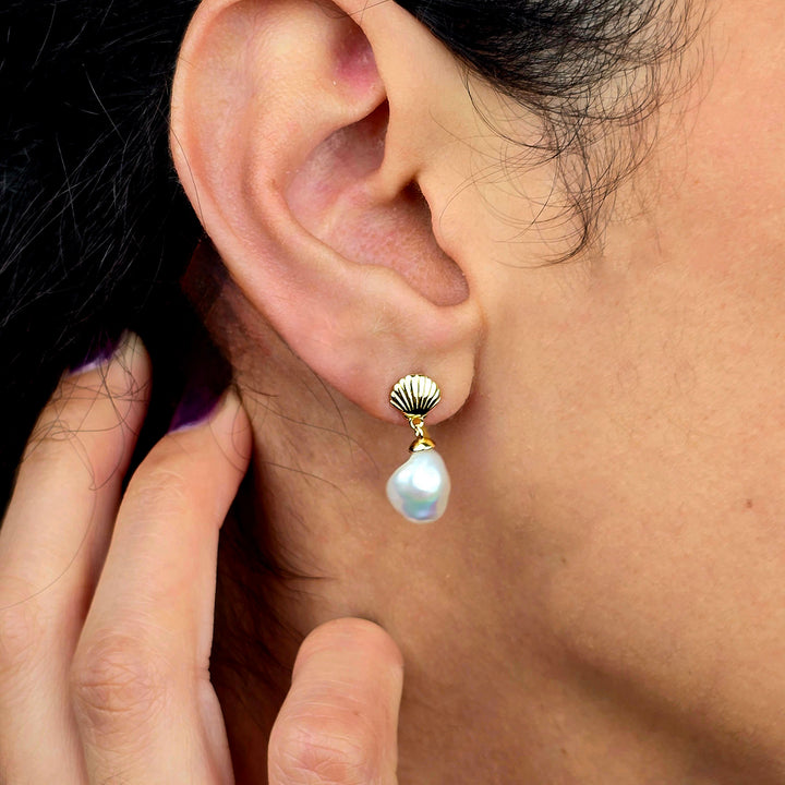 Gold Plated Shell Stud With Natural Keshi Pearl Drop Modern Earrings