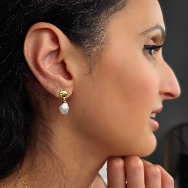 Gold Plated Shell Stud With Natural Keshi Pearl Drop Modern Earrings