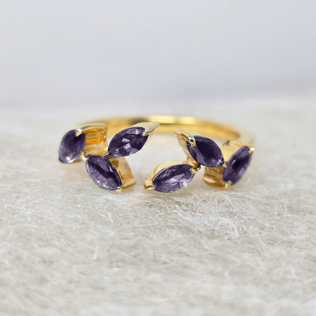 Gold Vermeil Open Leaf Ring with Amethyst Gemstones