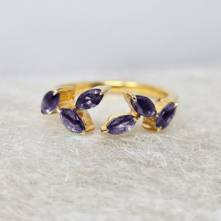 Gold Vermeil Open Leaf Ring with Amethyst Gemstones