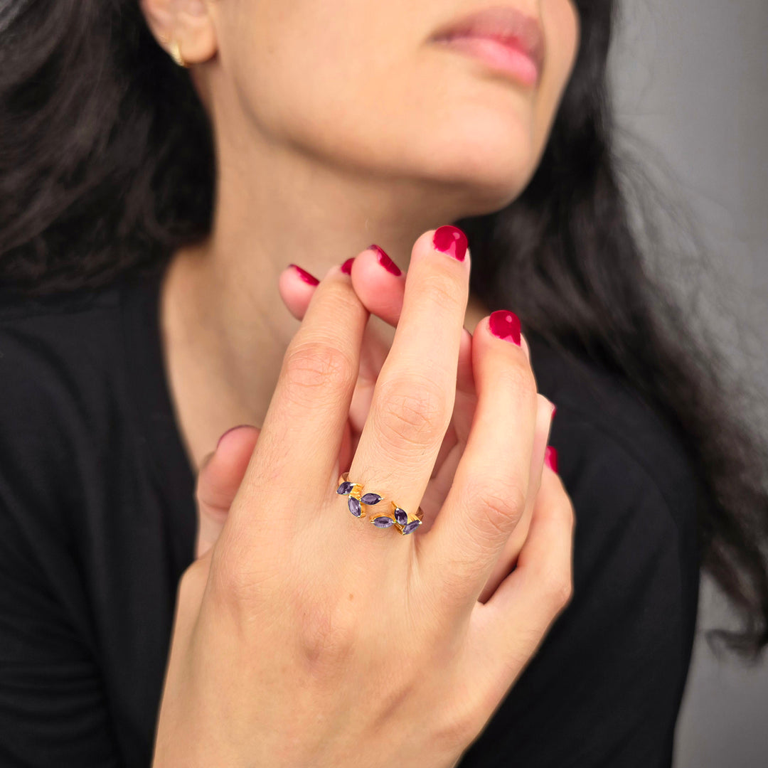 Gold Vermeil Open Leaf Ring with Amethyst Gemstones