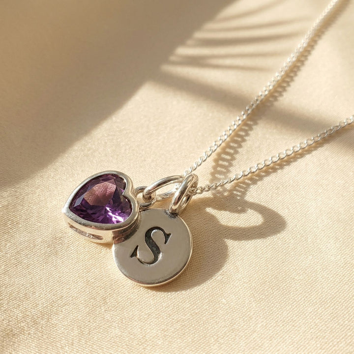 Mini Initial And Heart Birthstone Charm Silver Necklace