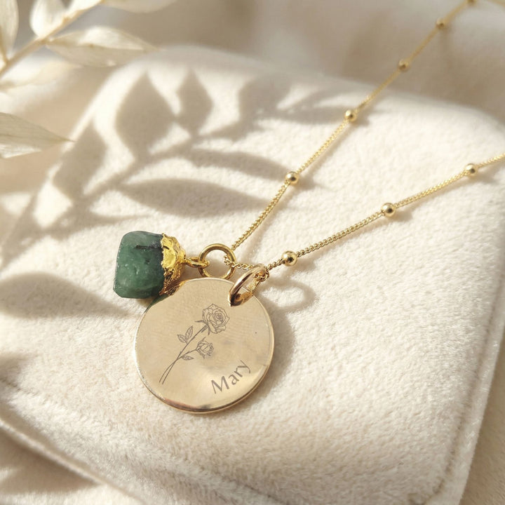 18ct Gold Vermeil Plated Birth Flower, Birthstone And Name Necklace