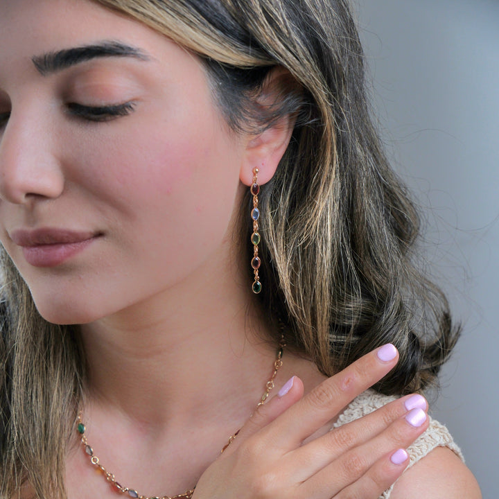 Dangle Multi Gemstone Crystal Drop Gold Plated Earrings