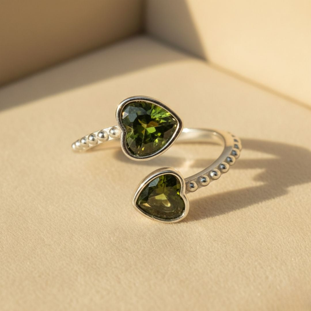 Double Heart Peridot Heart August Birthstone Adjustable Silver Ring