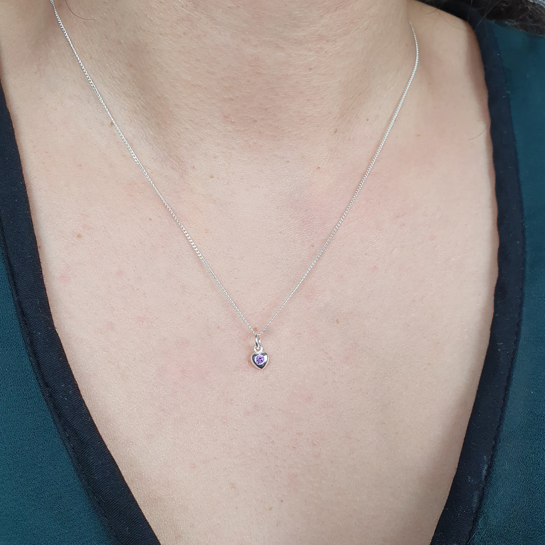 Mini Amethyst February Birthstone Heart Silver Necklace