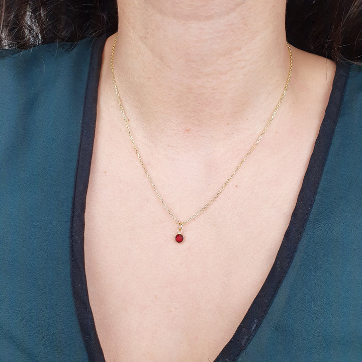 Mini Garnet January Birthstone Charm Gold Plated Chain Necklace