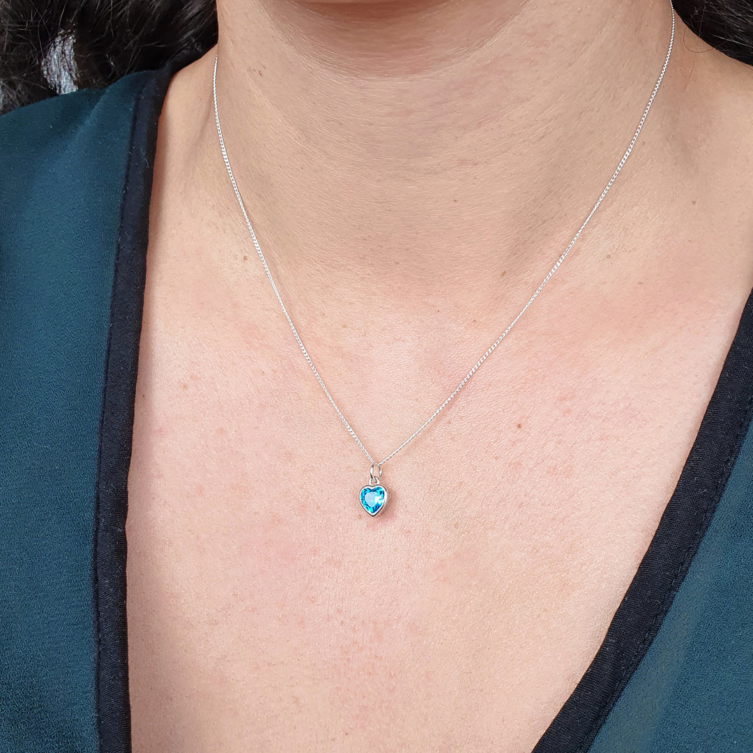 Mini Heart Silver Aquamarine March Birthstone Necklace
