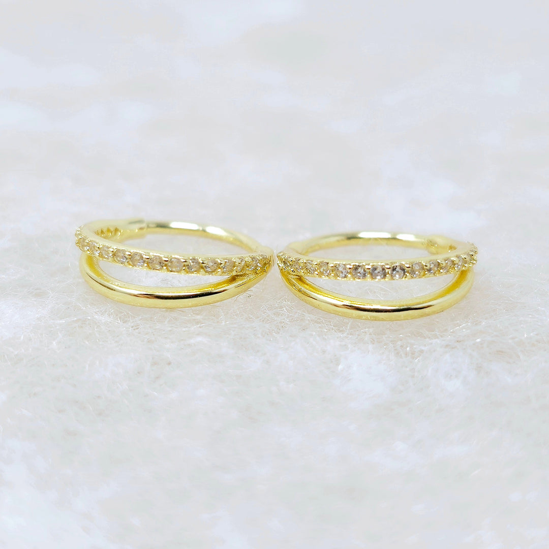 Minimalist Paved Double Clicker Gold Plated Hoops