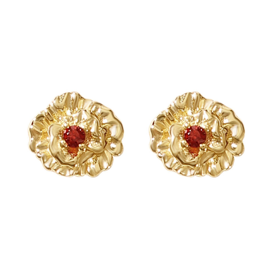 Garnet January Birthstone Carnation Birthflower Gold Plated Stud Earrings