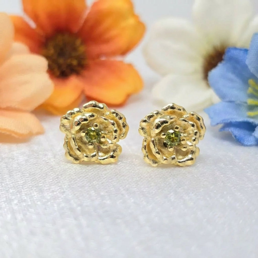 Peridot August Birthstone Poppy Birthflower Gold Plated Stud Earrings
